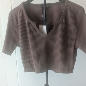 Missguided Chocolate Brown Ribbed Crop Top Short Sleeve Stretch Fitted Casual